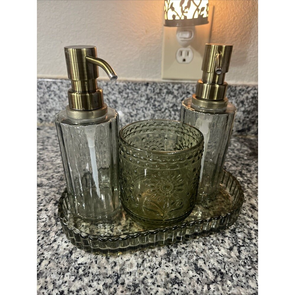 4 Pcs Vintage Bathroom Vanity Sink Accessory Set Green Glass Sunflower Gold Tops